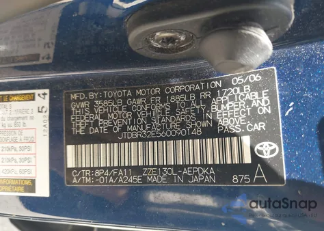 2006 Toyota Corolla Ce from USA, damaged, VIN JTDBR32E560090148